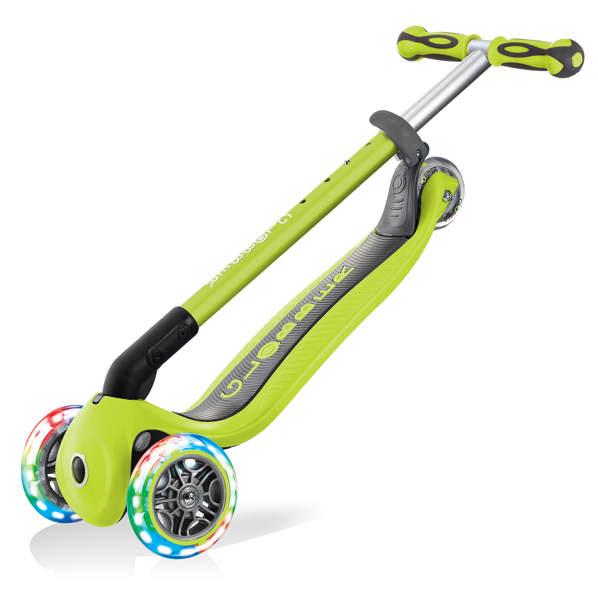 GLOBBER GO.UP DELUXE 緑✕グレー Eco 360 Scooter with Seat: GO•UP DELUXE LIGHTS ECOLOGIC 360