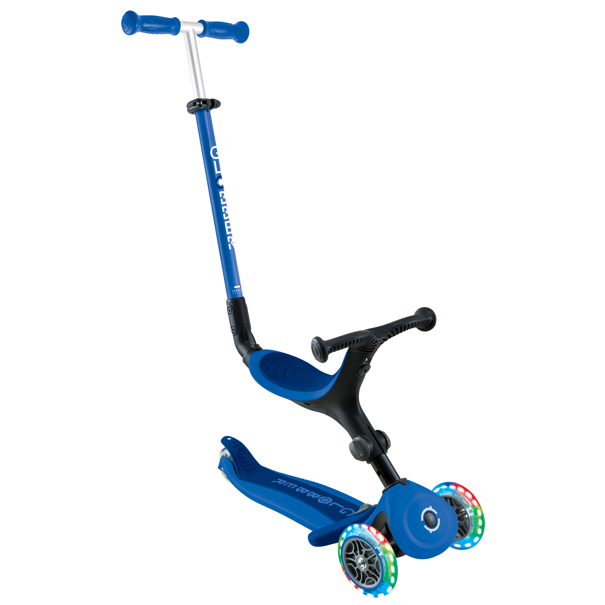 GLOBBER GO.UP DELUXE 緑✕グレー Eco 360 Scooter with Seat: GO•UP DELUXE LIGHTS ECOLOGIC 360