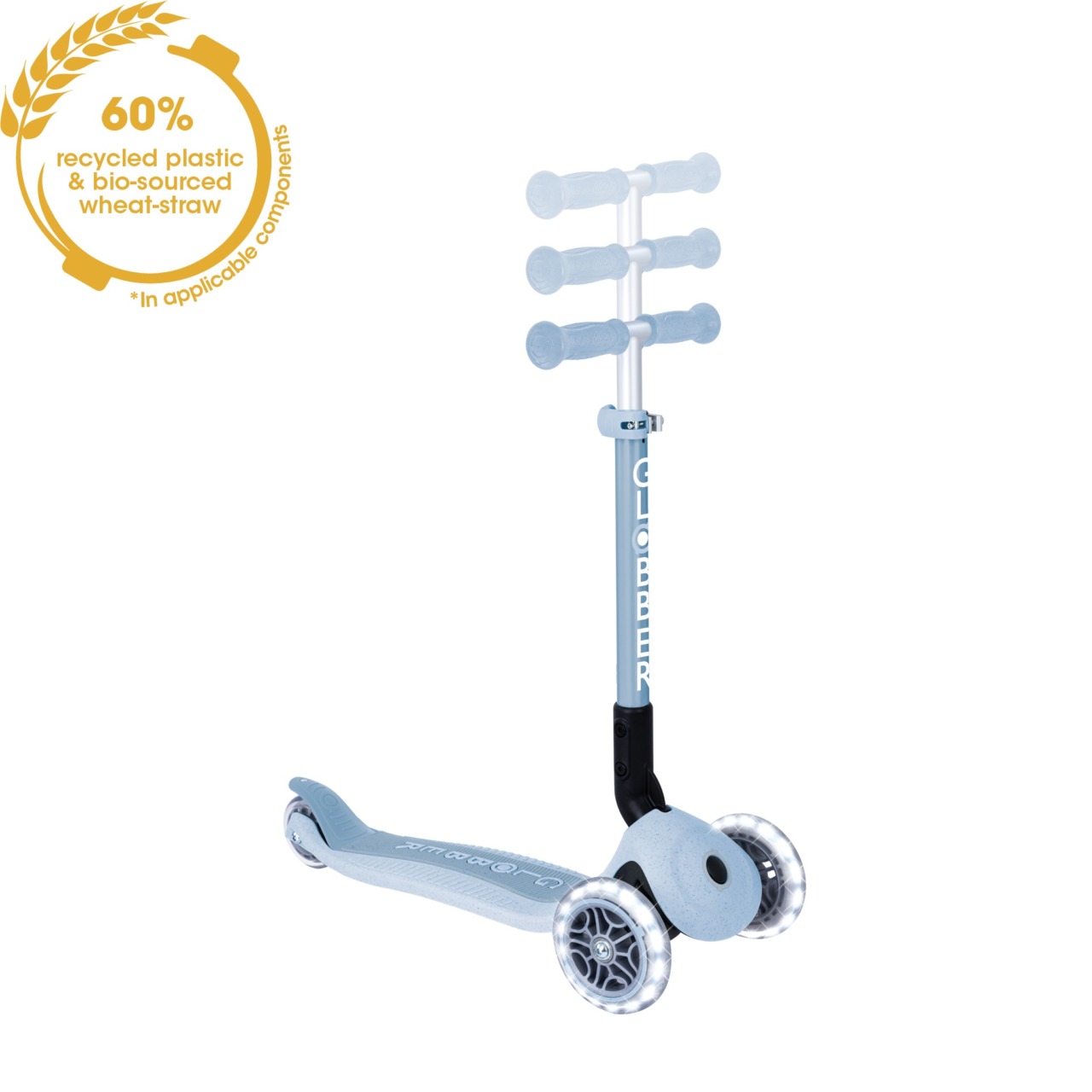 Trotineta Globber JUNIOR PLIABILA ECOLOGICA, Ghidon Ajustabil Pe 3 Nivele, Roti Cu Lumini LED, Rulmenti ABEC 9, Culoare Albastru