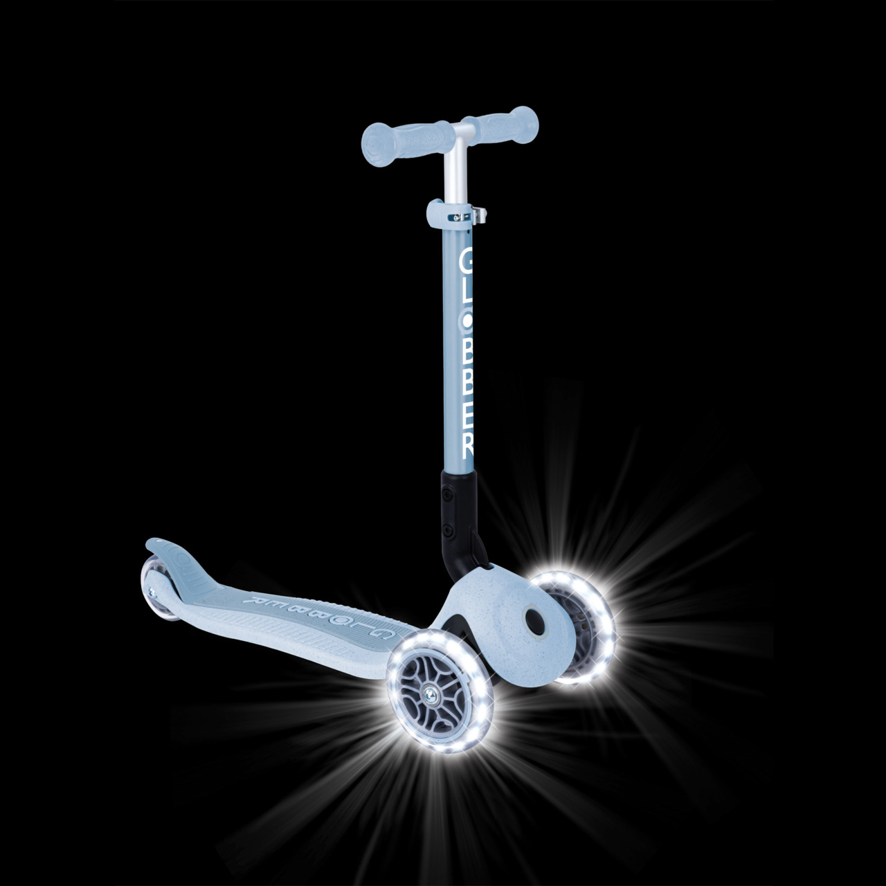 Trotineta Globber JUNIOR PLIABILA ECOLOGICA, Ghidon Ajustabil Pe 3 Nivele, Roti Cu Lumini LED, Rulmenti ABEC 9, Culoare Albastru(1)