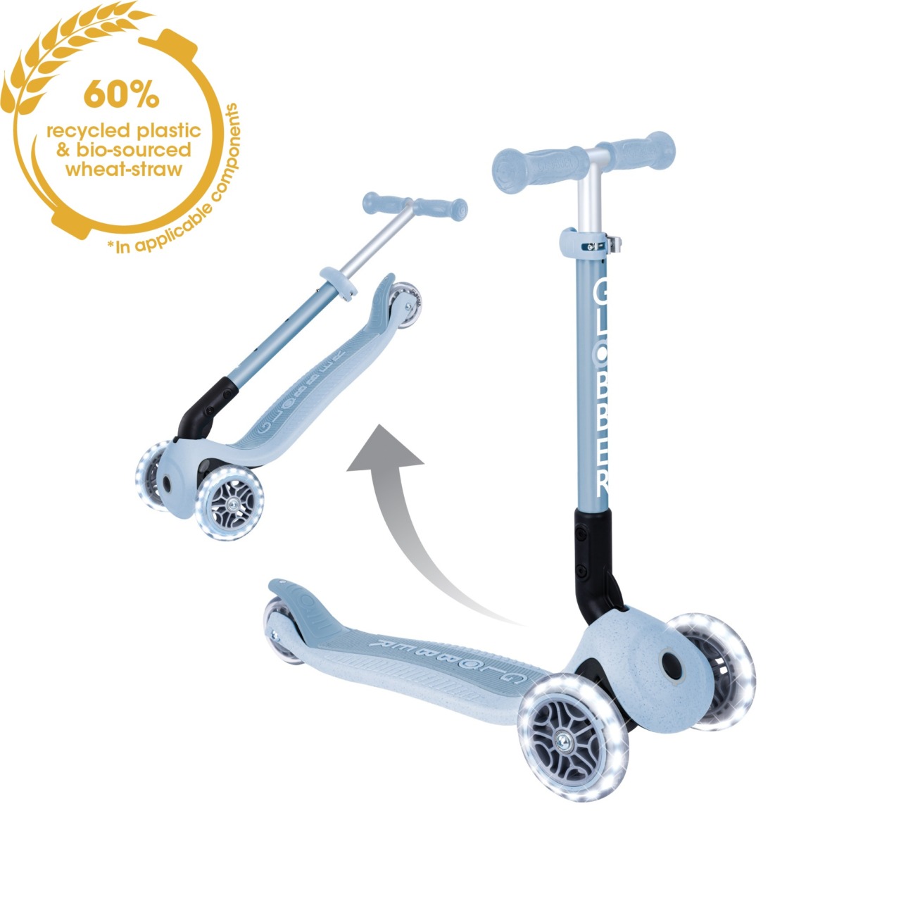 Trotineta Globber JUNIOR PLIABILA ECOLOGICA, Ghidon Ajustabil Pe 3 Nivele, Roti Cu Lumini LED, Rulmenti ABEC 9, Culoare Albastru(7)