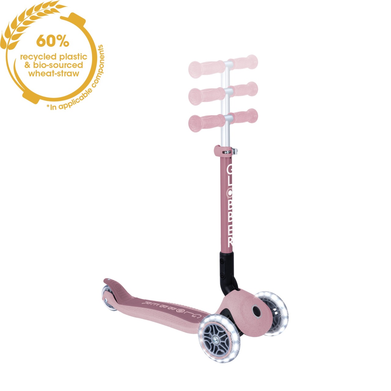 Trotineta Globber JUNIOR PLIABILA ECOLOGICA, Ghidon Ajustabil Pe 3 Nivele, Roti Cu Lumini LED, Rulmenti ABEC 9, Culoare Roz Pal