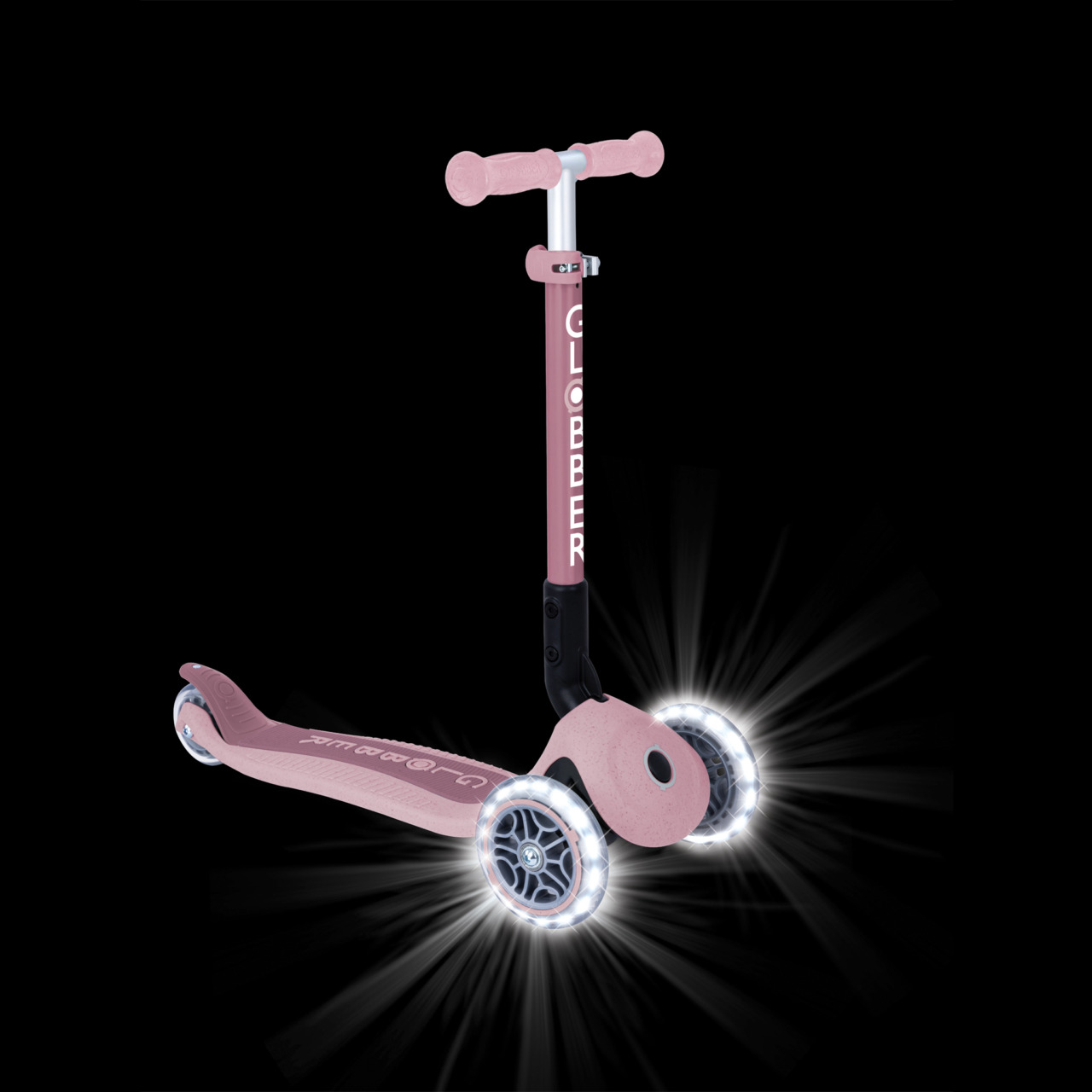 Trotineta Globber JUNIOR PLIABILA ECOLOGICA, Ghidon Ajustabil Pe 3 Nivele, Roti Cu Lumini LED, Rulmenti ABEC 9, Culoare Roz Pal(1)