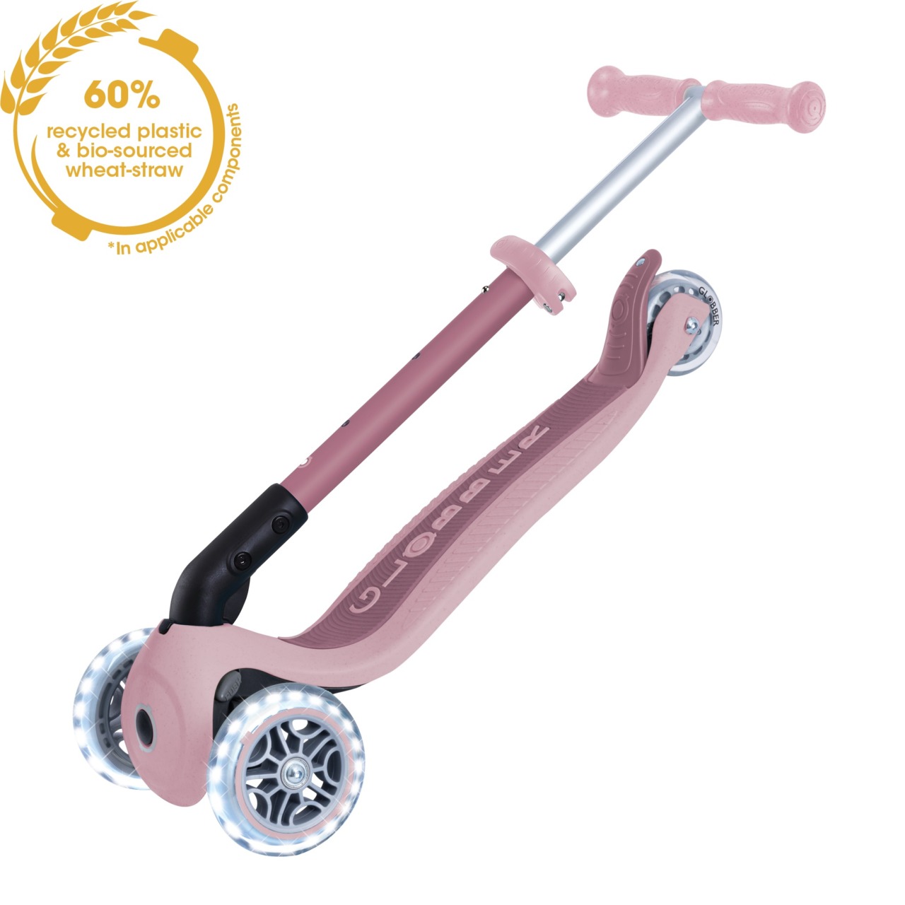 Trotineta Globber JUNIOR PLIABILA ECOLOGICA, Ghidon Ajustabil Pe 3 Nivele, Roti Cu Lumini LED, Rulmenti ABEC 9, Culoare Roz Pal(11)