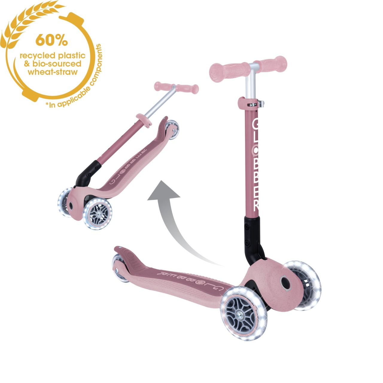 Trotineta Globber JUNIOR PLIABILA ECOLOGICA, Ghidon Ajustabil Pe 3 Nivele, Roti Cu Lumini LED, Rulmenti ABEC 9, Culoare Roz Pal(7)