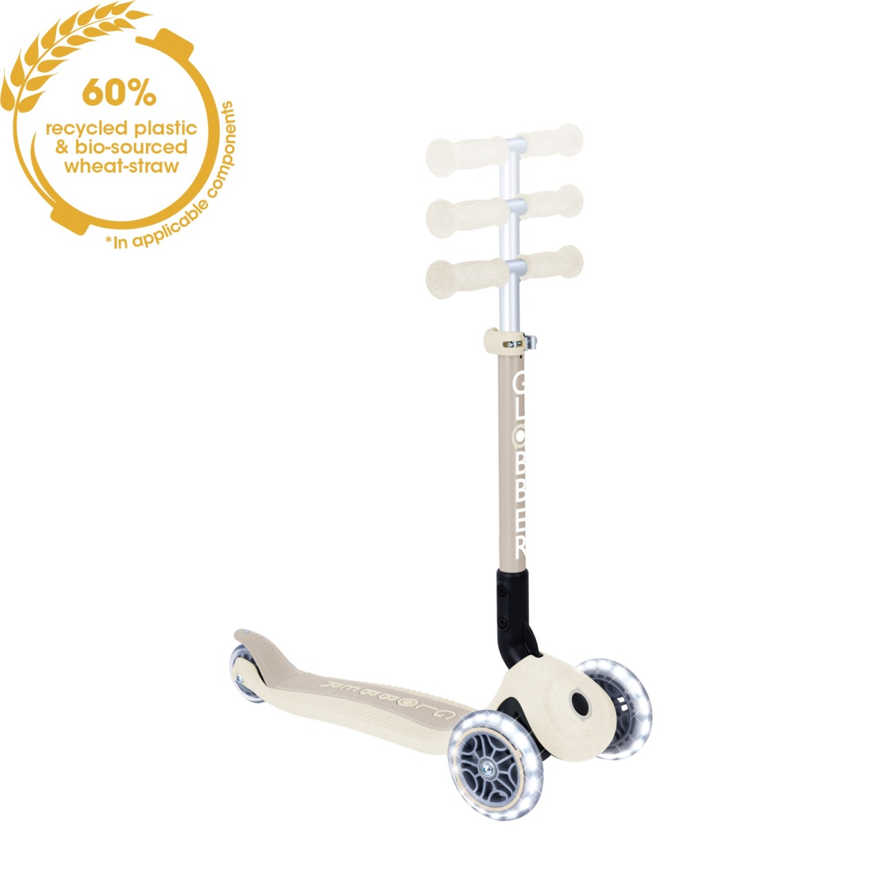 Trotineta Globber Pentru Copii, Ecologica, Pliabila, Cu Lumini, Culoare Crem