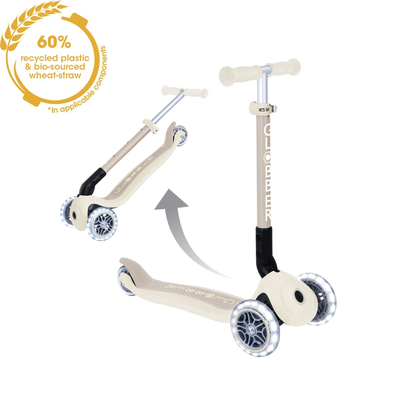 Trotineta Globber Pentru Copii, Ecologica, Pliabila, Cu Lumini, Culoare Crem(5)