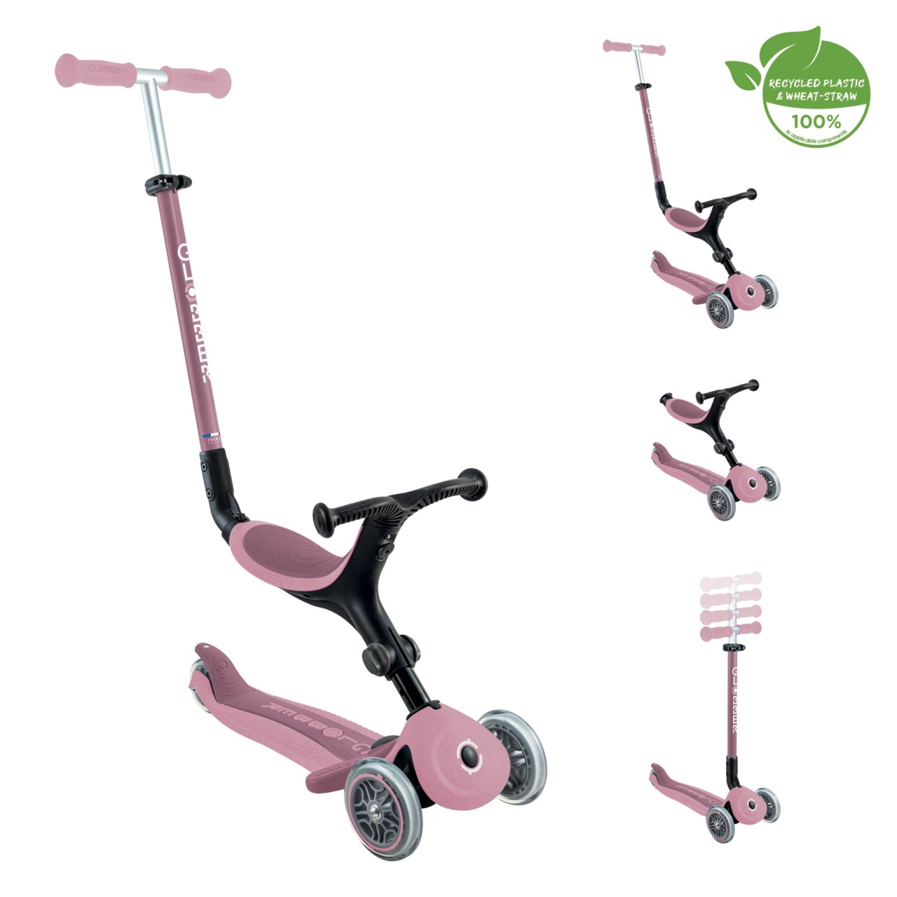 Trotineta Globber GO UP ACTIVE ECOLOGIC 3 In 1, Ghidon Si Scaun Ajustabile, Roti Cu Lumini, Rulmenti ABEC 9, Culoare Roz Pal