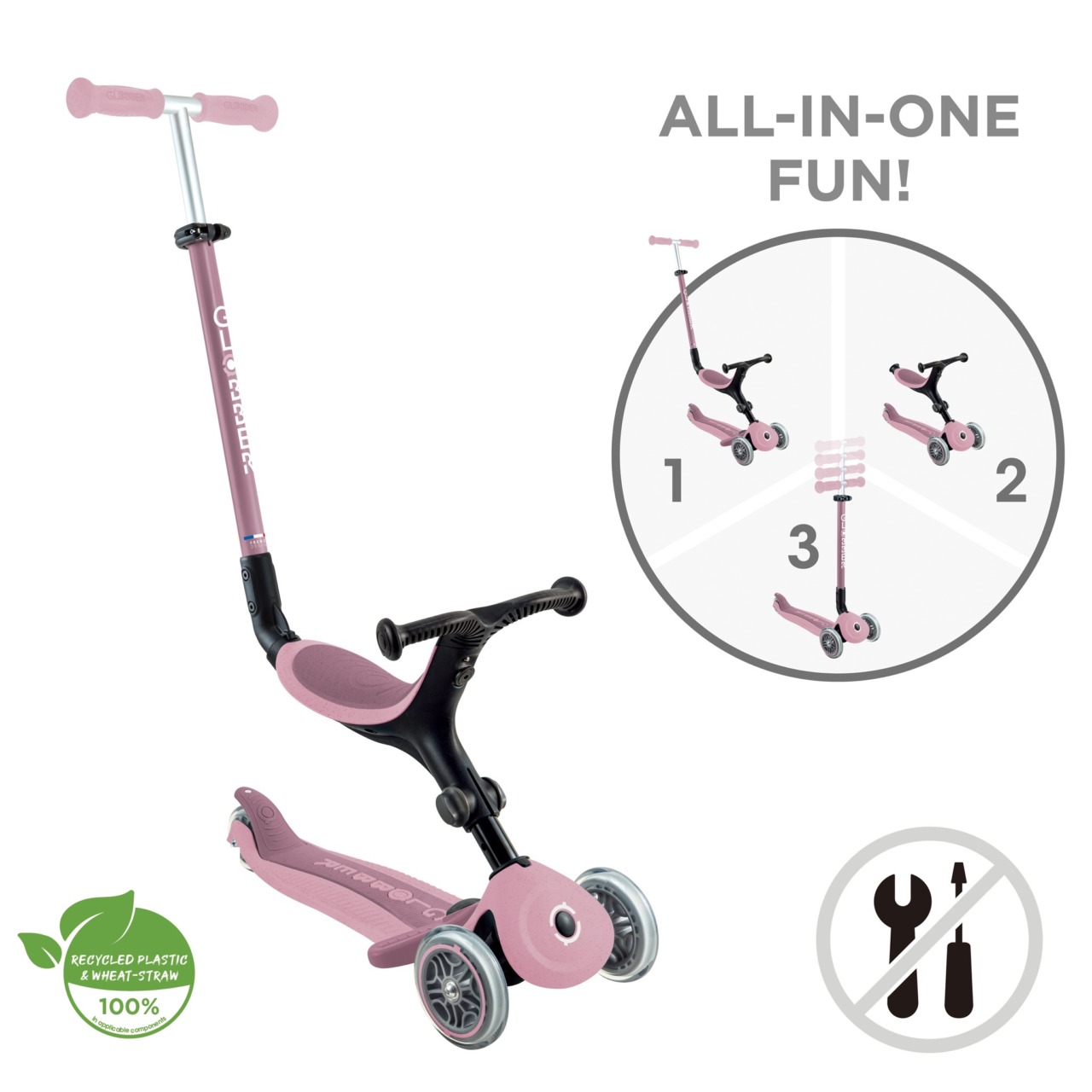 Trotineta Globber GO UP ACTIVE ECOLOGIC 3 In 1, Ghidon Si Scaun Ajustabile, Roti Cu Lumini, Rulmenti ABEC 9, Culoare Roz Pal(1)