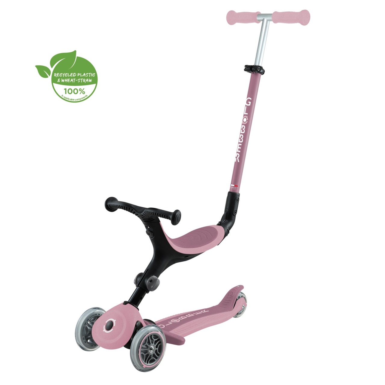 Trotineta Globber GO UP ACTIVE ECOLOGIC 3 In 1, Ghidon Si Scaun Ajustabile, Roti Cu Lumini, Rulmenti ABEC 9, Culoare Roz Pal(3)