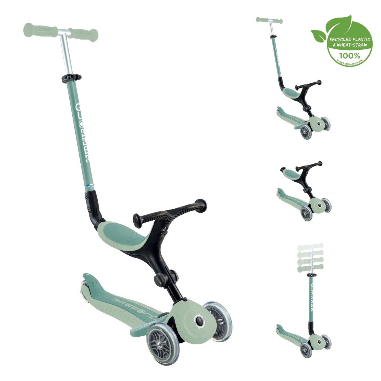 Trotineta Globber GO UP ACTIVE ECOLOGIC 3 In 1, Ghidon Si Scaun Ajustabile, Roti Cu Lumini, Rulmenti ABEC 9, Culoare Verde Fistic