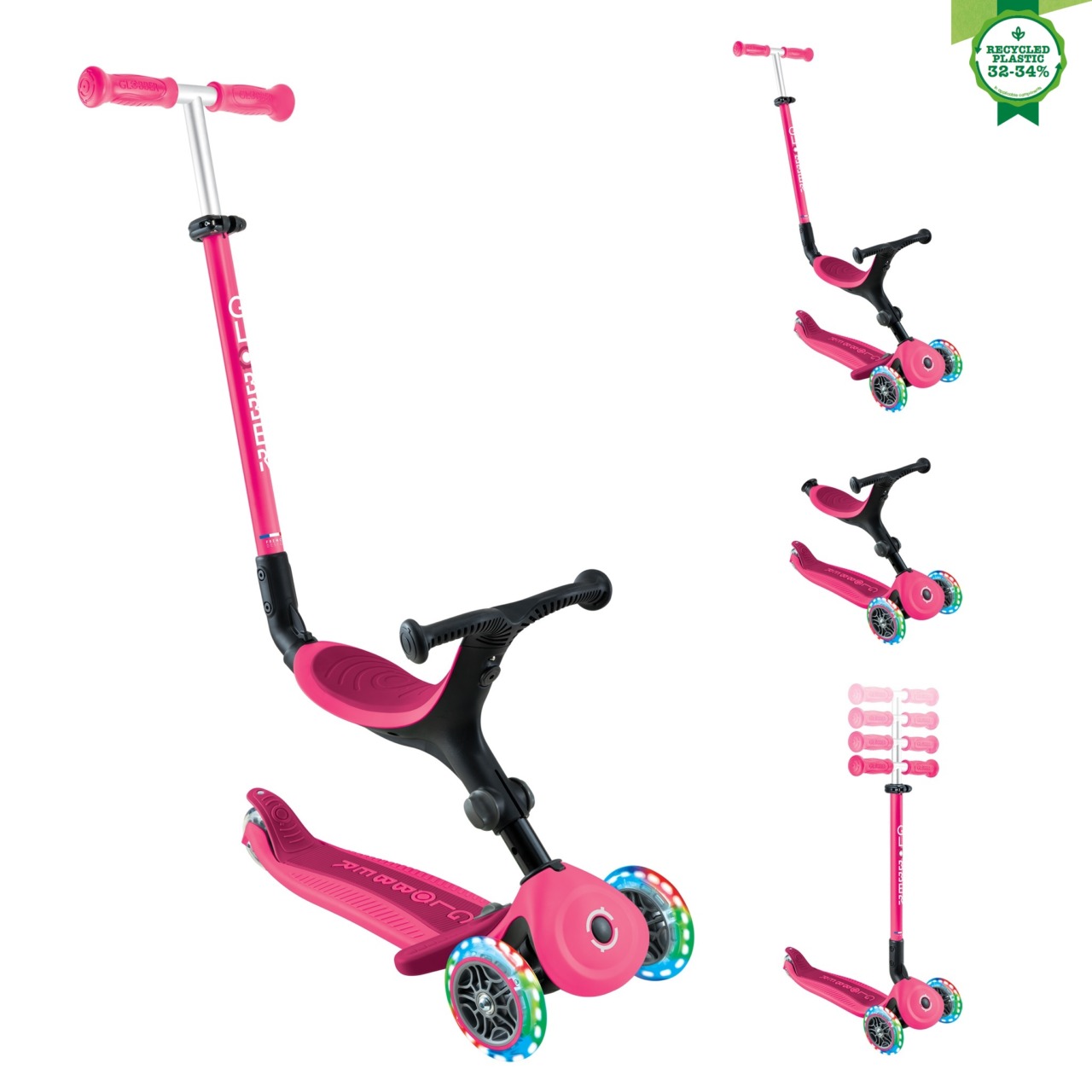 Trotineta Globber Go Up Active 3 In 1, Cu Maner De Impins, Scaun Si Ghidon Ajustabile, Roti Cu Lumini LED, Culoare Roz(1)
