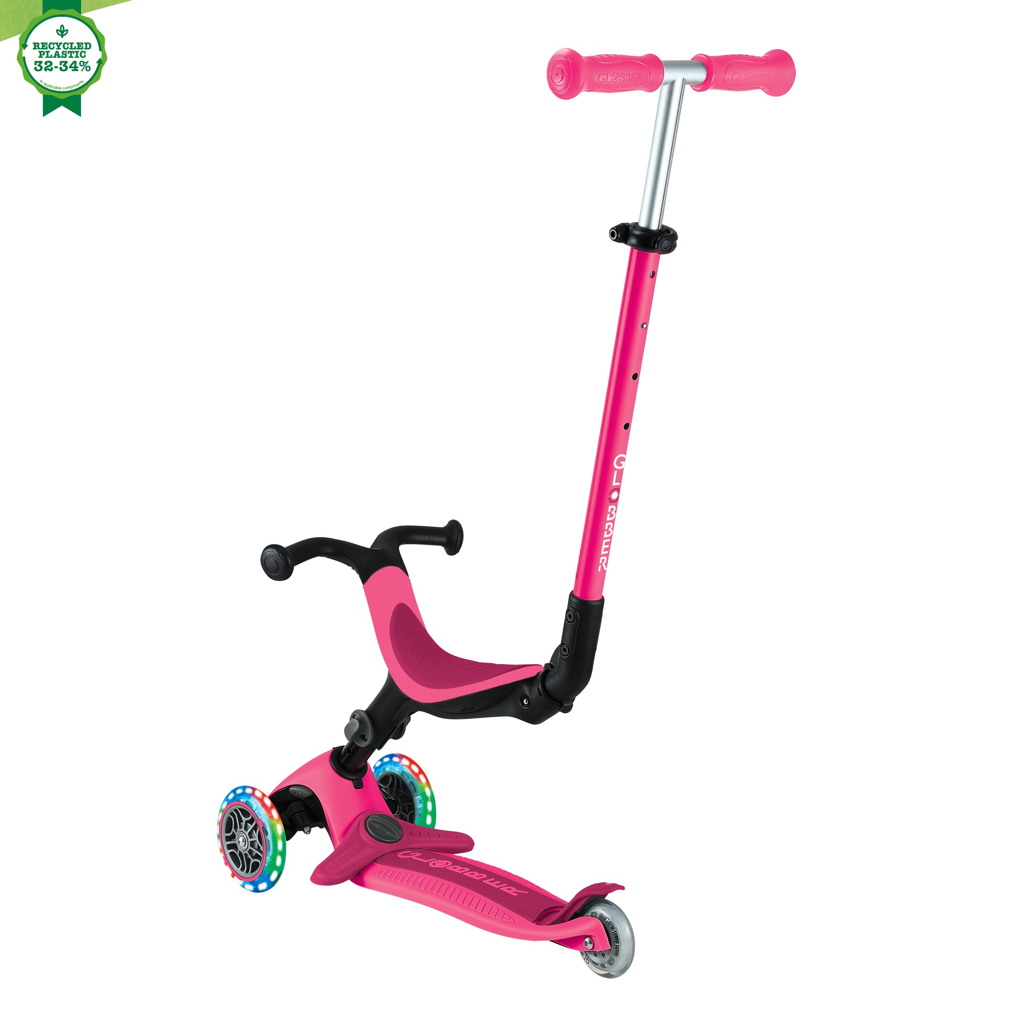 Trotineta Globber Go Up Active 3 In 1, Cu Maner De Impins, Scaun Si Ghidon Ajustabile, Roti Cu Lumini LED, Culoare Roz(2)