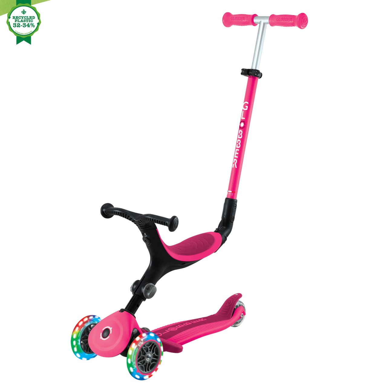 Trotineta Globber Go Up Active 3 In 1, Cu Maner De Impins, Scaun Si Ghidon Ajustabile, Roti Cu Lumini LED, Culoare Roz(3)