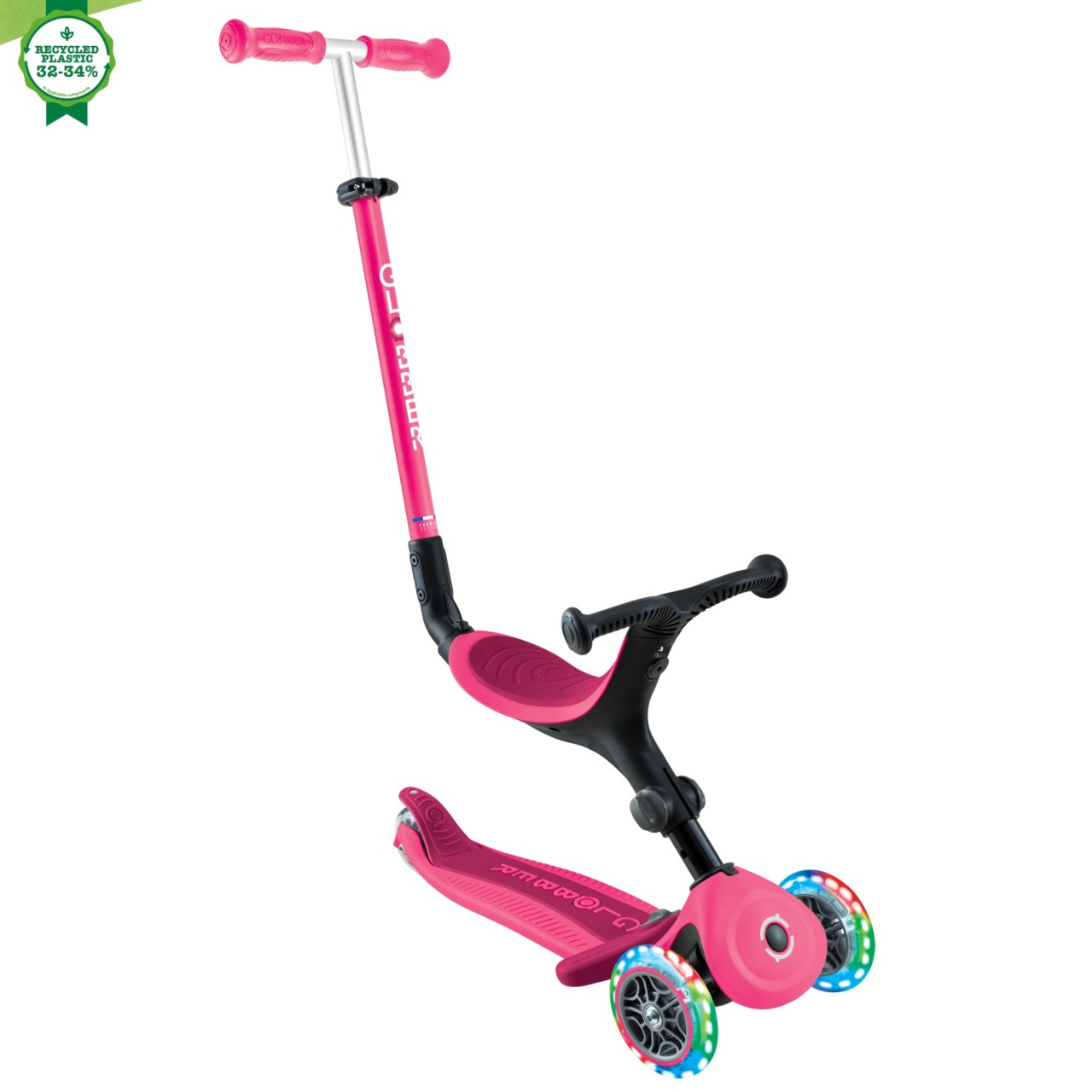 Trotineta Globber Go Up Active 3 In 1, Cu Maner De Impins, Scaun Si Ghidon Ajustabile, Roti Cu Lumini LED, Culoare Roz(5)