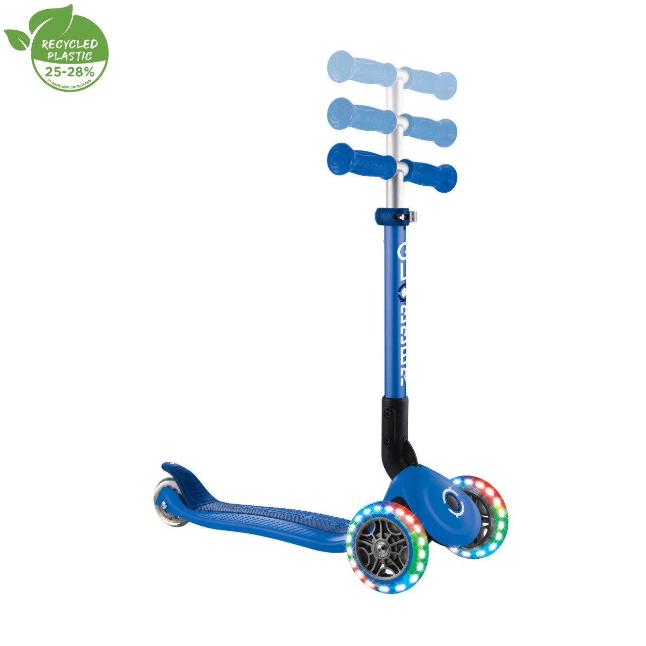 Trotineta Globber JUNIOR PLIABILA CU LUMINI, Ghidon Ajustabil 3 Nivele, Greutate Maxima 50 Kg, Rulmenti ABEC 5, Culoare Albastra