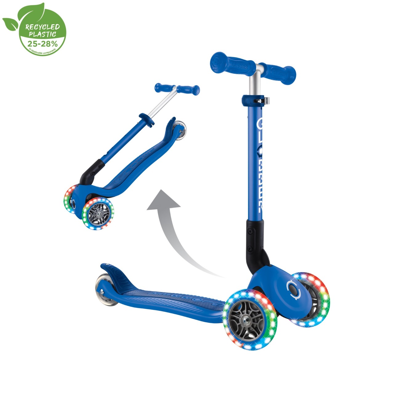 Trotineta Globber JUNIOR PLIABILA CU LUMINI, Ghidon Ajustabil 3 Nivele, Greutate Maxima 50 Kg, Rulmenti ABEC 5, Culoare Albastra(1)