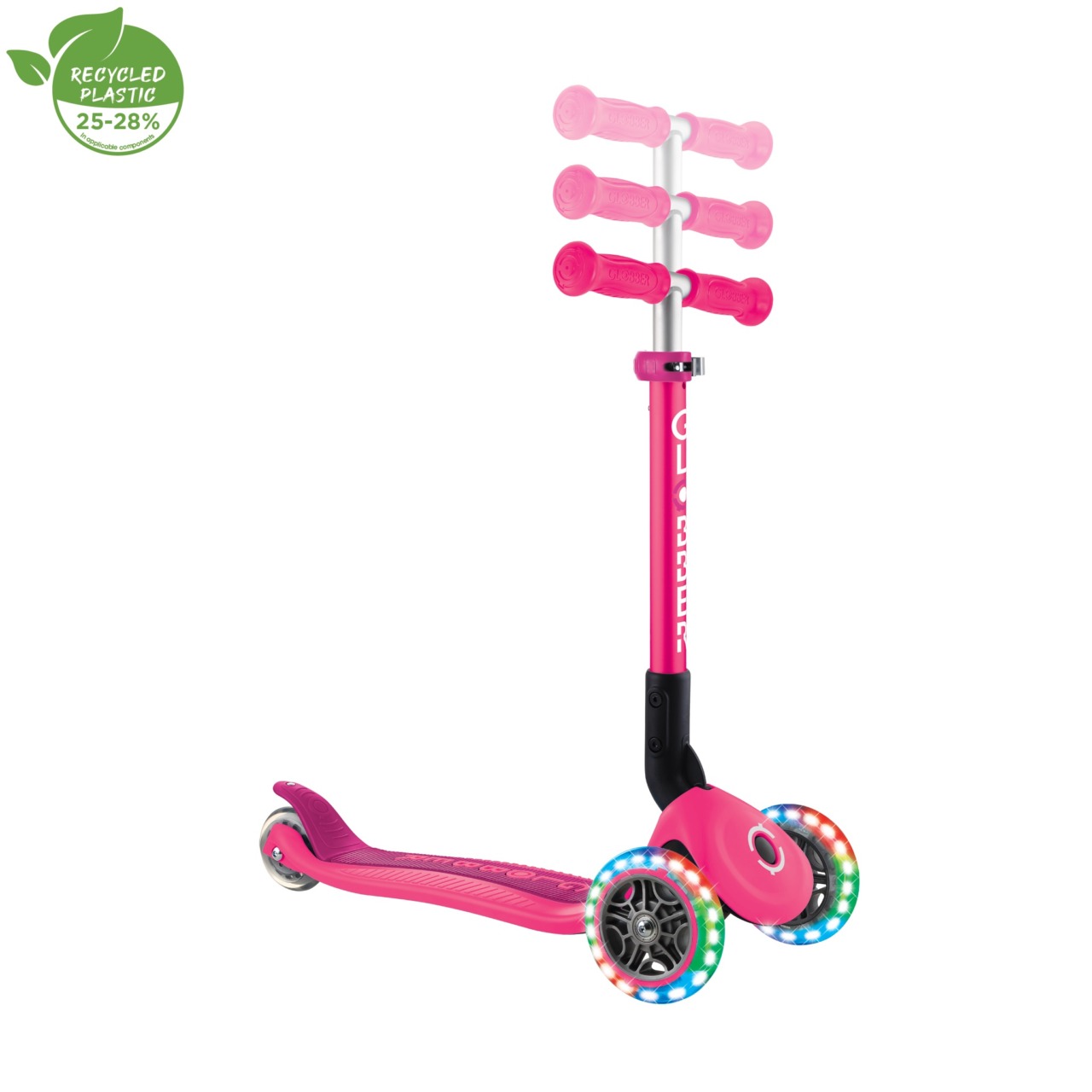 Trotineta Globber JUNIOR PLIABILA CU LUMINI, Ghidon Ajustabil 3 Nivele, Greutate Maxima 50 Kg, Rulmenti ABEC 5, Culoare Roz