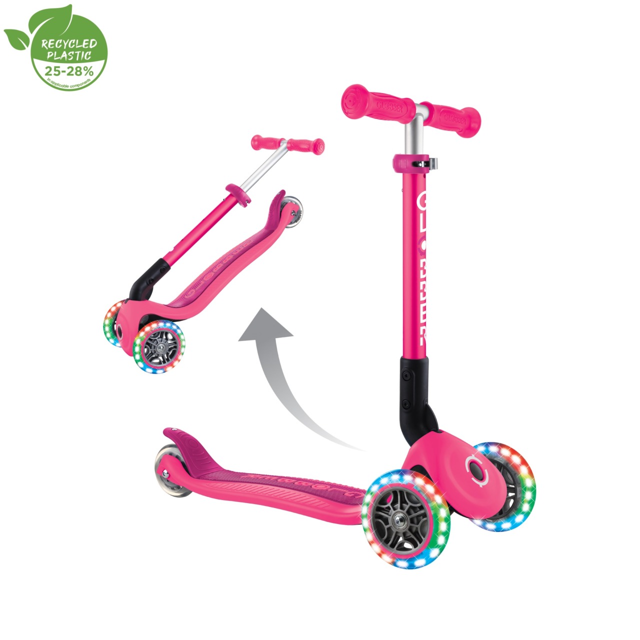 Trotineta Globber JUNIOR PLIABILA CU LUMINI, Ghidon Ajustabil 3 Nivele, Greutate Maxima 50 Kg, Rulmenti ABEC 5, Culoare Roz(1)