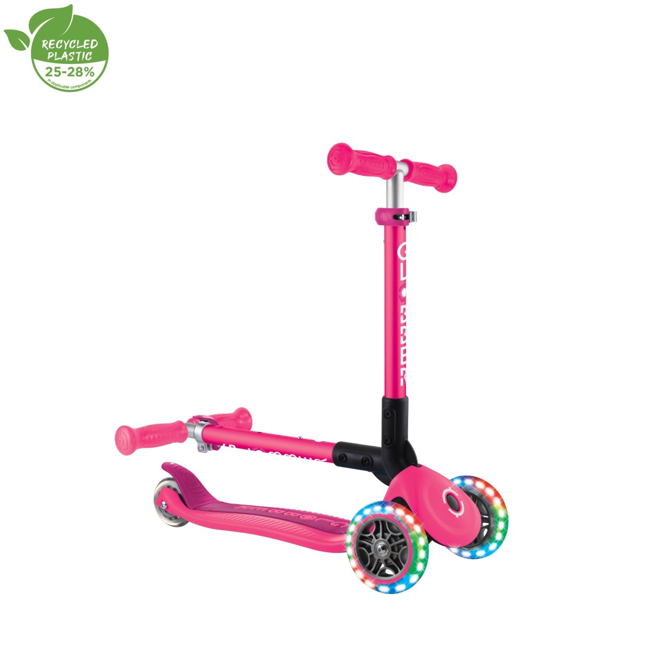 Trotineta Globber JUNIOR PLIABILA CU LUMINI, Ghidon Ajustabil 3 Nivele, Greutate Maxima 50 Kg, Rulmenti ABEC 5, Culoare Roz(12)