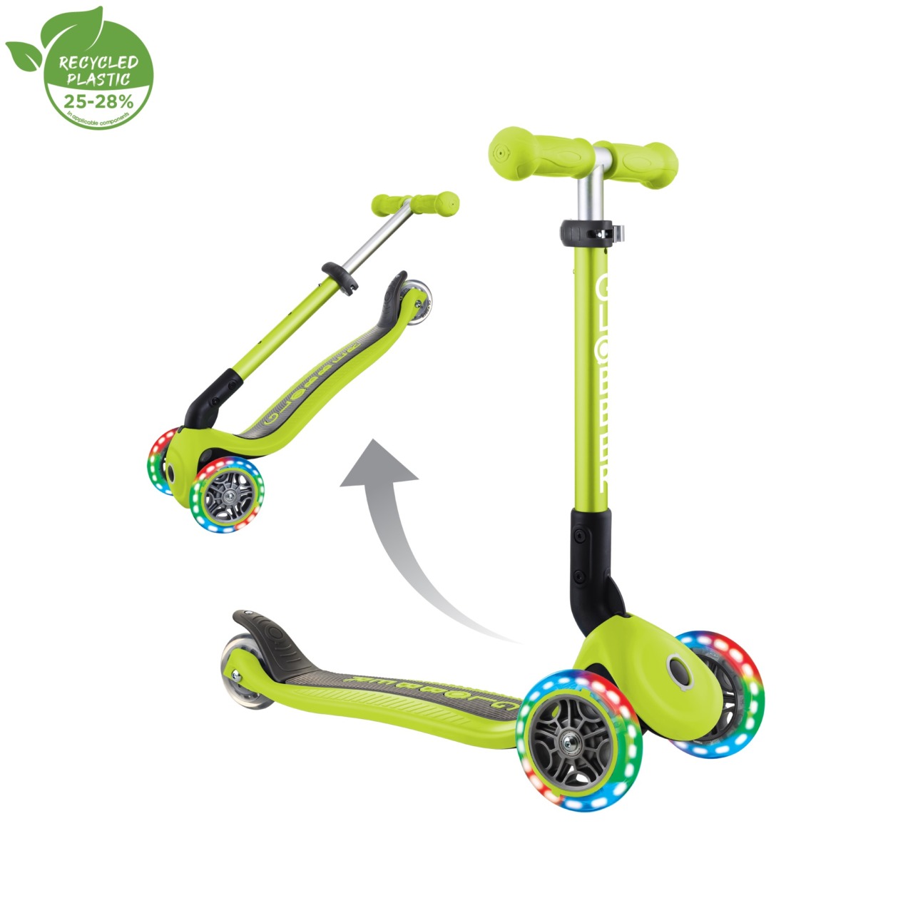 Trotineta Globber JUNIOR PLIABILA CU LUMINI, Ghidon Ajustabil 3 Nivele, Greutate Maxima 50 Kg, Rulmenti ABEC 5, Culoare Verde(1)