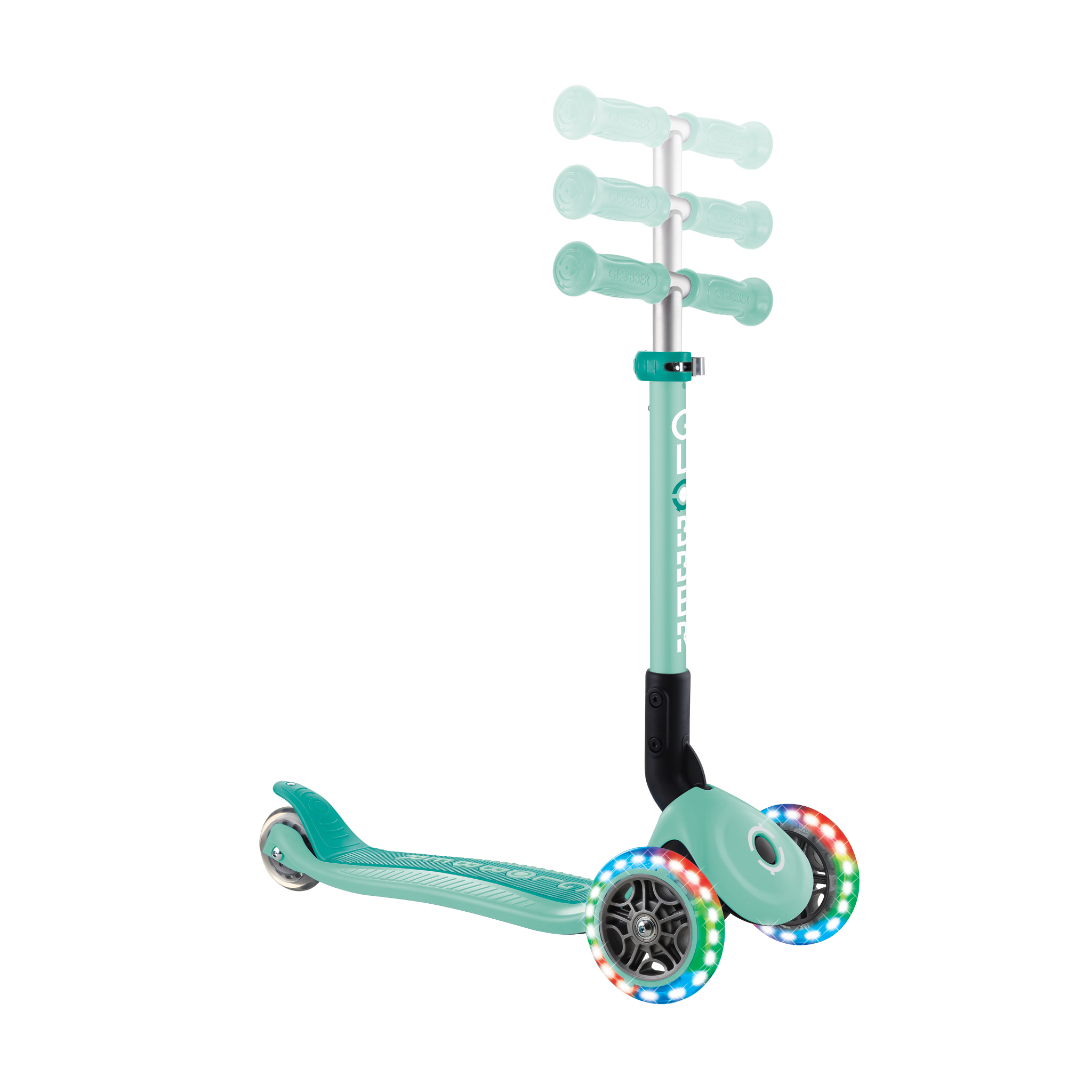 GLOBBER – Trottinette Junior Foldable Lights ECO – 3 Roues LED – Pliable – ABEC 9 – Blanc Coco – Dès 3 Ans